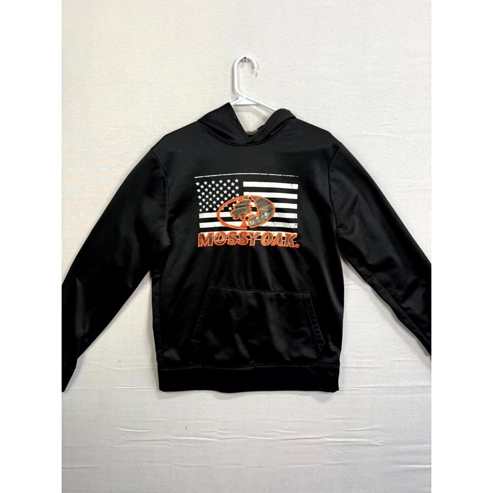 Mossy Oak Hoodie Mens Medium Black Flag Embroidered Logo Fleece Pockets Pullover